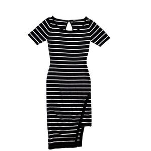 XOXO Women Black White Striped Knit Midi Bodycon Dress Short Sleeve‎ Keyhole M